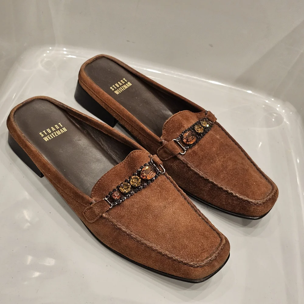 [LIKE NEW] Stuart Weitzman Brown Suede Rhinestone Jeweled Mules Loafers Sz 8.5